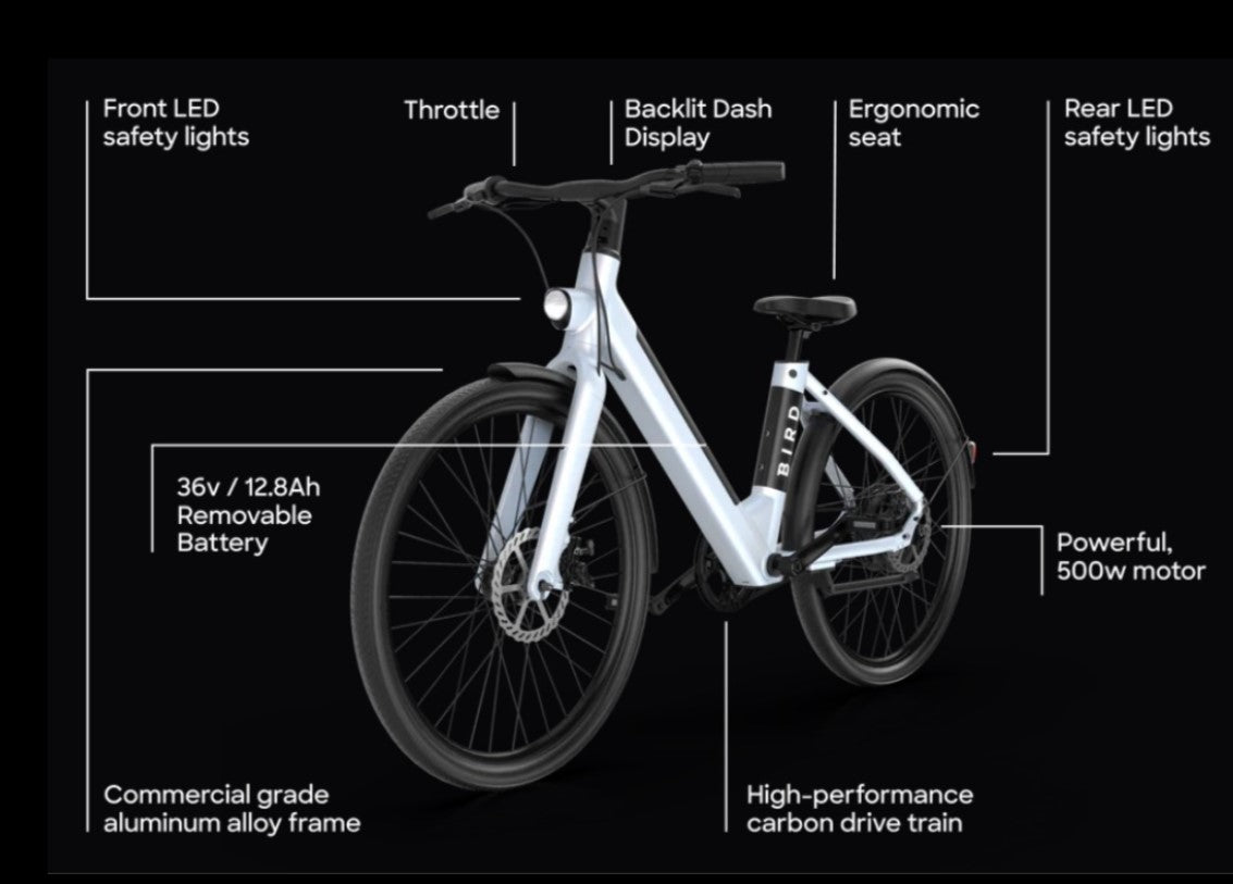 Bird-V-Frame eBike, 500Watt Motor, 50mi Max 20mph Max Speed, LCD Dash Display App Compatible